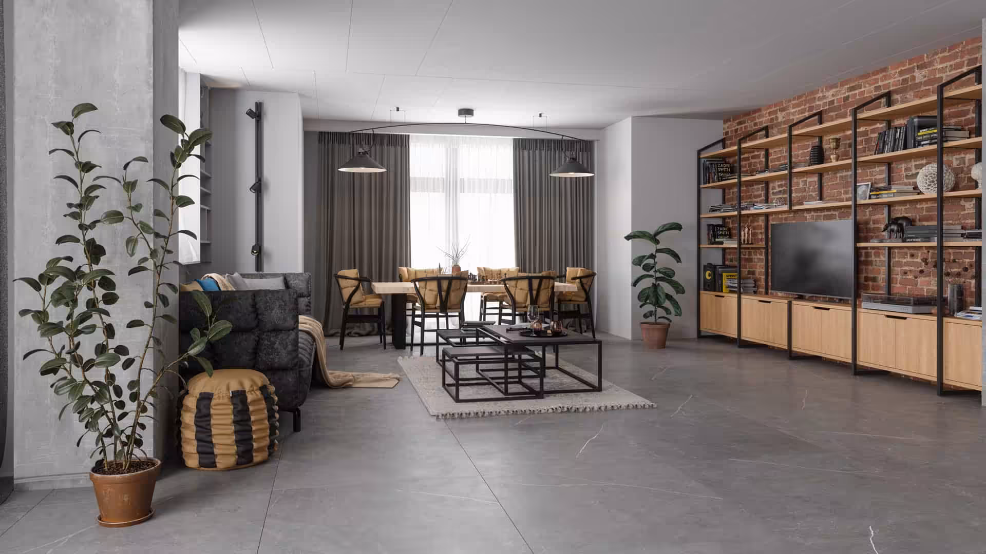 Wide-angle photo of a modern living room with plants, sofa, and TV